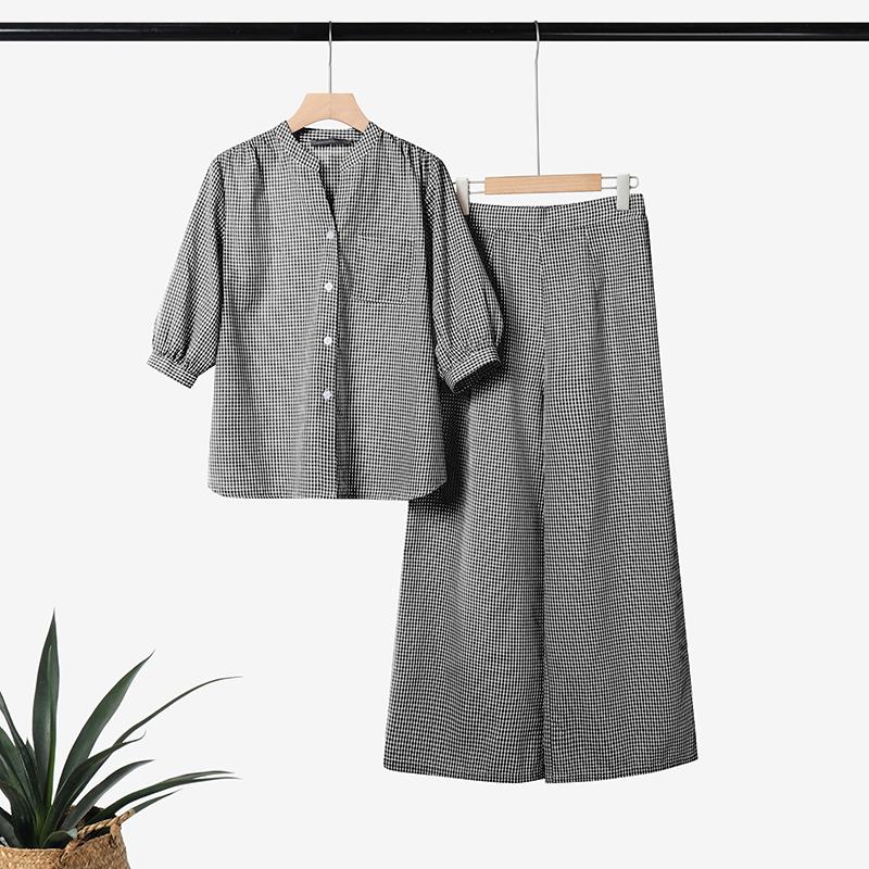 ZANZEA Women 3/4 Sleeve Blouse and Pants Plaid Print Two Piece Suit Sets