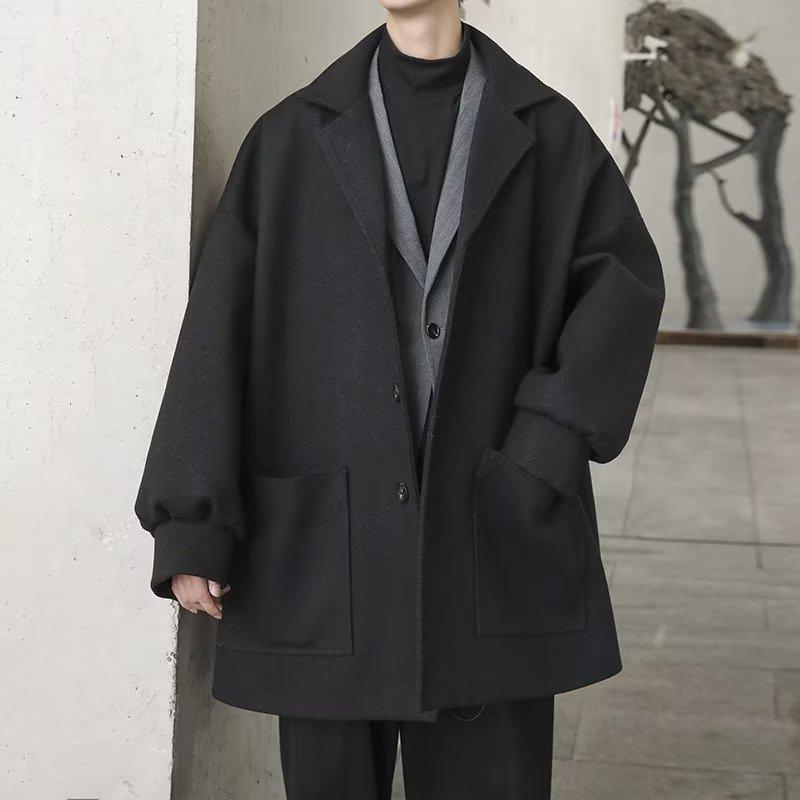 Men's Trendy Mid-Length Wool Coat - Loose Fit, High-End Single-Breasted for Autumn & Winter