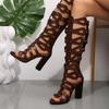 Fashion 2025 Summer New Side Zipper Women's Open Toe High Knee Boots Hollow Sandal Booties Big Size Chunky Heel Roman Sandals Boots