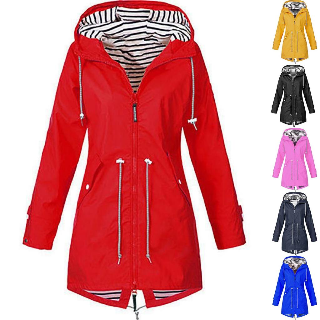 Women Solid Rain Jacket Outdoor Plus Waterproof Hooded Raincoat Windproof