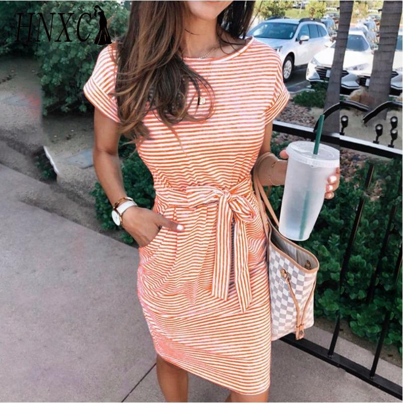 HNXC Dámská móda Léto Jaro Jednobarevný potisk Neformální šaty s krátkým rukávem do O-výstřihu a vysokým pasem