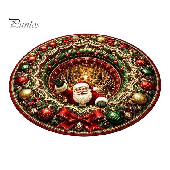 Winter Welcome Mat 3D Christmas Round Rug, Optical Illusion Area Santa Claus Deep Hole Festive Indoor Floor Prints, Non-slip Rug for Entrance
