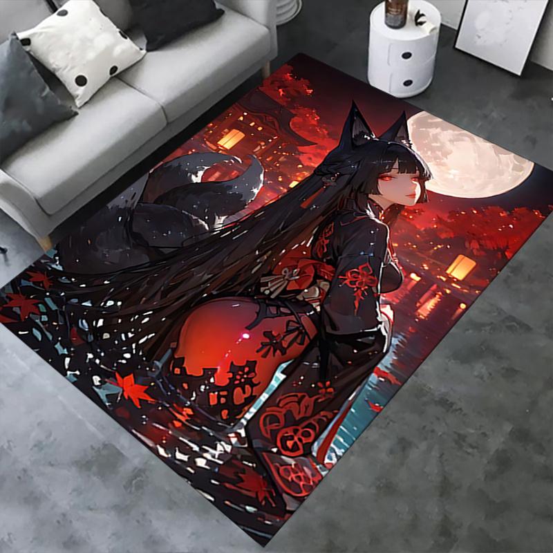 Japanese Fox Girl Chair Mat Office Carpet with Traditional Design for Home Decor and Gift