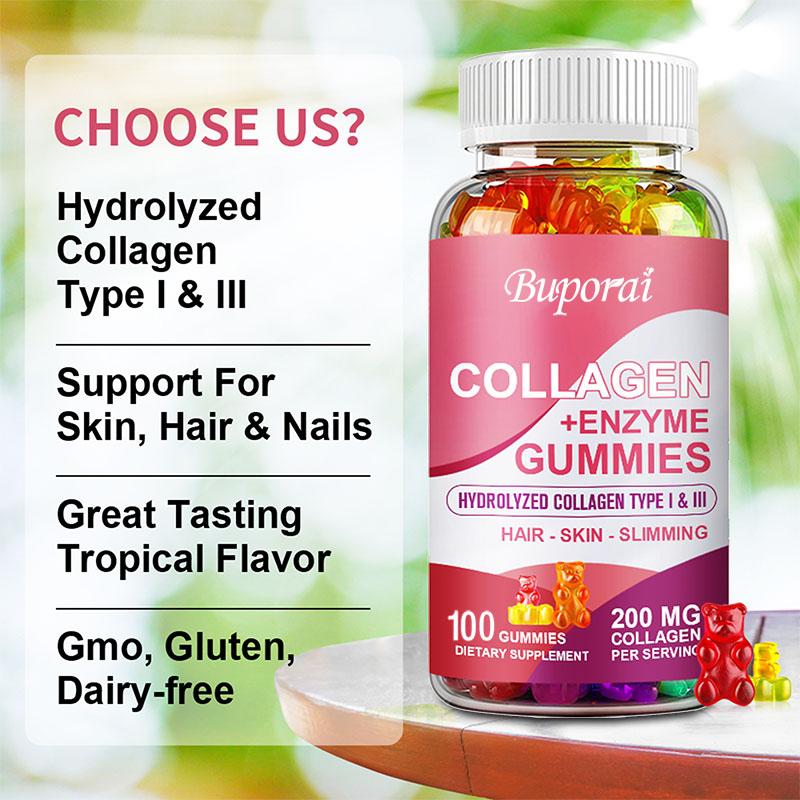 Kollagen-Gummibärchen, hergestellt aus hydrolysiertem Kollagen Typ I und III, sind vorteilhaft für die Gesundheit von Haaren, Haut und Gelenken und unterstützen die Fettverbrennung.