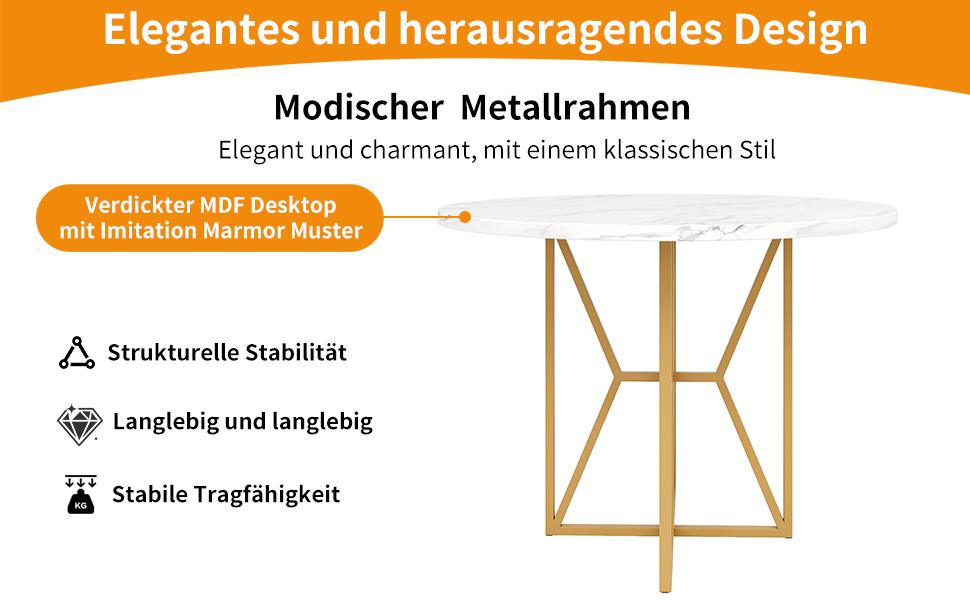 Round Dining Table (80 x 80 x 76 cm), Light Table for 4-6 People, Suitable for Dining Room and Living Room, Gold Legs, Marbled MDF Tabletop