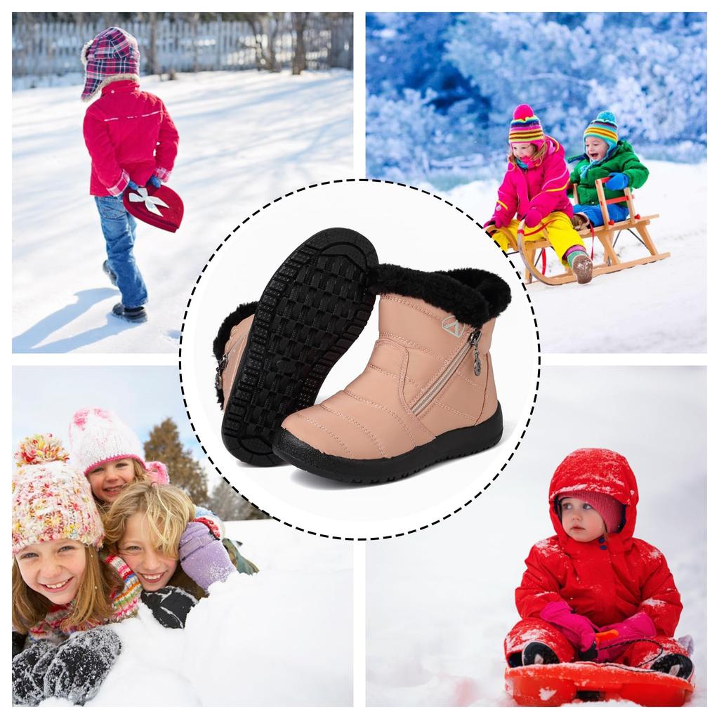 WikPoo Snow Boys and Warm and Short Boots for and Playing in the Size Kids' Boots, Girls, Fleece-Lined, Non-Slip, School, Outdoors, Snow, Beige,
