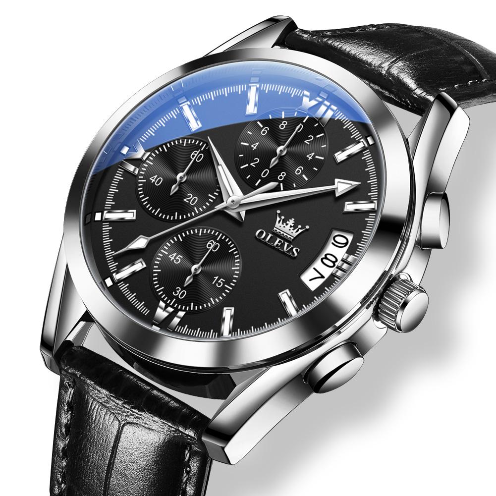 OLEVS Men Leather Quartz Watches Waterproof Wristwatches Men Sports Chronograph with Luminous Pointers Watches for Men