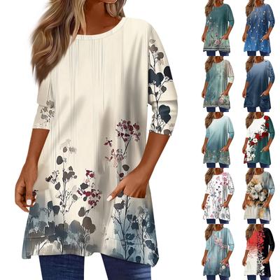 3/4-Ärmel-Taschenoberteile für Damen, T-Shirt, lässiger Druck, mittellange Oberteile, T-Shirt, Rundhalsausschnitt, Pullover, Bluse