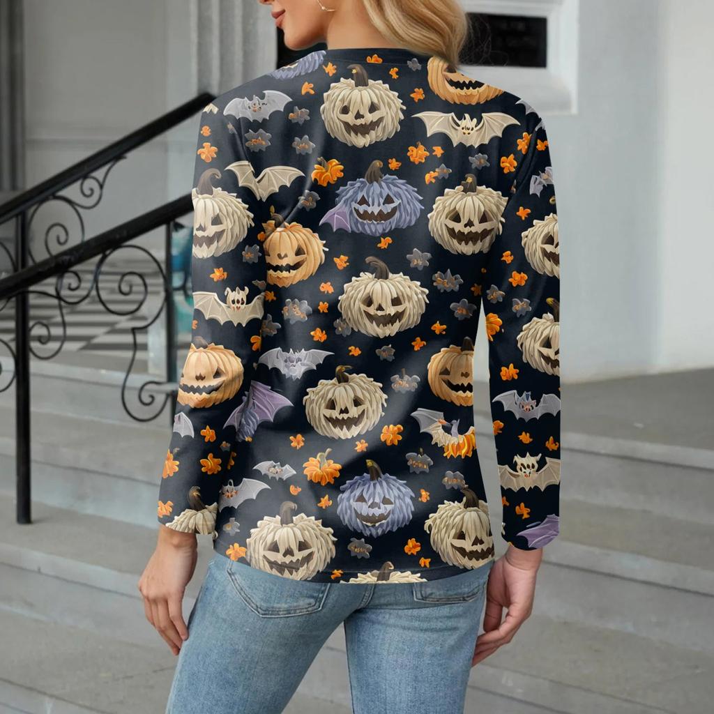 Women's Casual Fashion Sexy Comfort Halloween Printed V-Neck Button Long Sleeve
