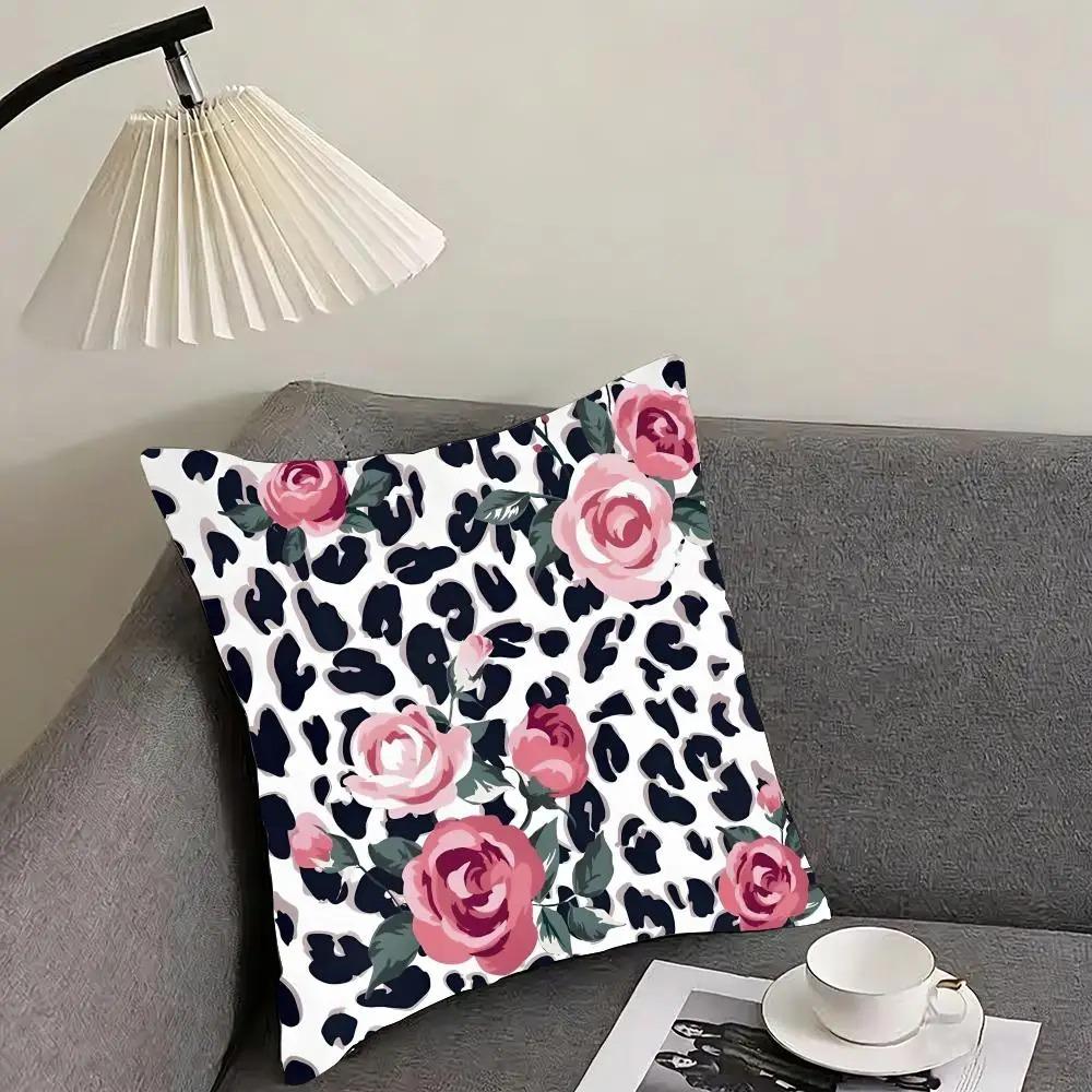 2D Flat Printed Leopard Print Pink Rose Peach Skin Cushion Cover Floral Animal Pillowcase For Sofa Living Room Bed Home Decor