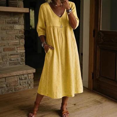 Damen V-Ausschnitt Sieben-Achtel-Ärmel Midi-Kleid mit Taschendetail