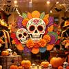 Decorative Holiday Gifts Day of The Dead Window Static Sticker, Flower Skull PVC Authentic Festival Accents Decals, Waterproof Halloween Glass