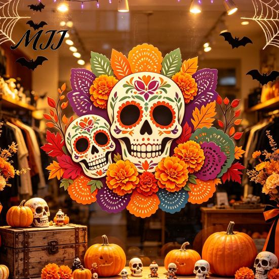 Decorative Holiday Gifts Day of The Dead Window Static Sticker, Flower Skull PVC Authentic Festival Accents Decals, Waterproof Halloween Glass