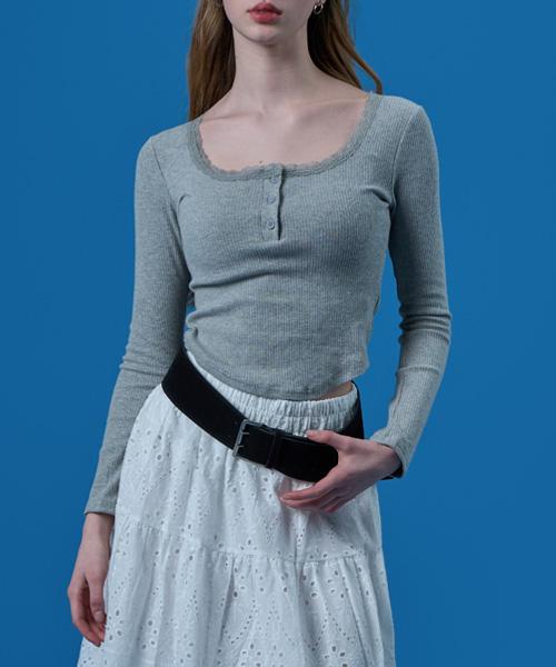 KOLEAT Lace Layered Round Inner Long Sleeve Tee [Gray] Kcl.