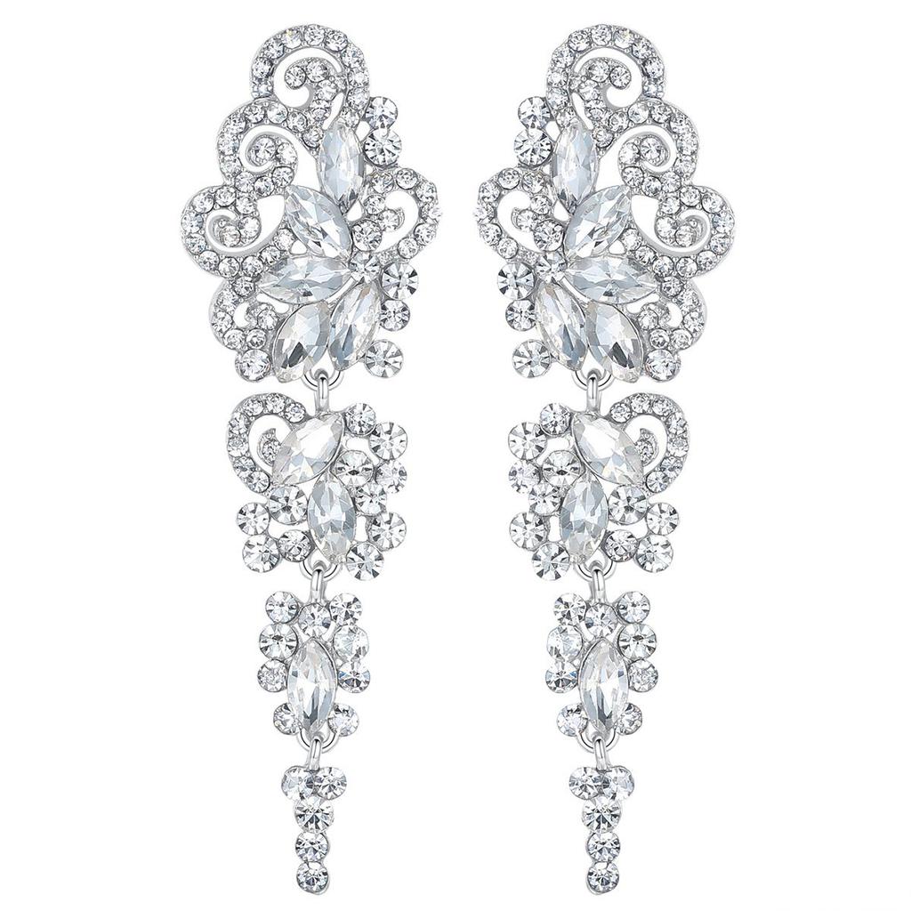 Explosive Full Diamond Elegant Earrings Exaggerated Flower Symmetrical Long Tassel Earrings