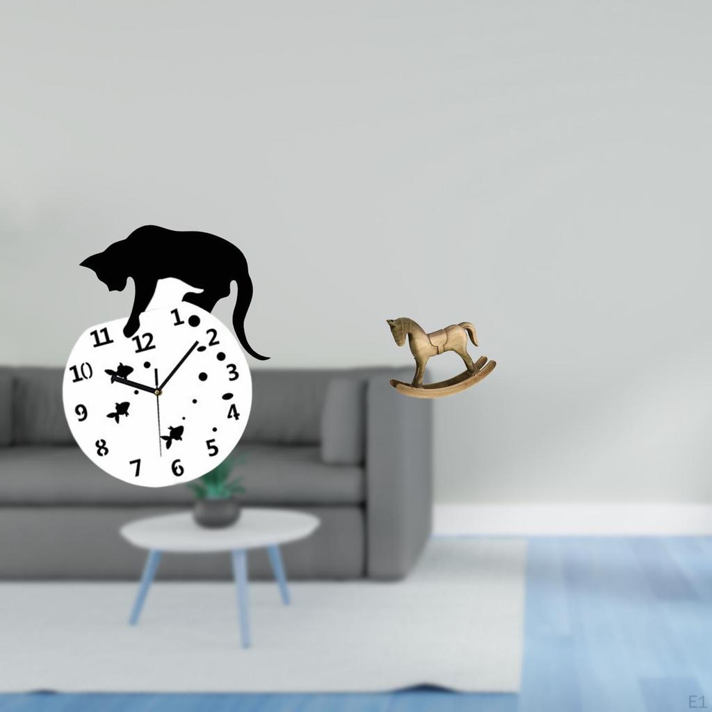 Silent Rocking Cat Horse Wall Clock Decor Quiet Movement Wood Sculpture Ornament for Living Room