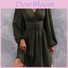 Polyester Vneck Lantern Sleeve Dress With Pleats For Casual And Party Wear