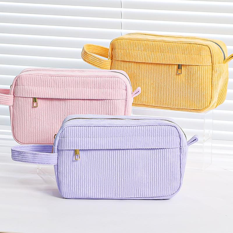 Cream Corduroy Pencil Case Big Capacity Square Shape Pen Case Pouch for Office School Supplies