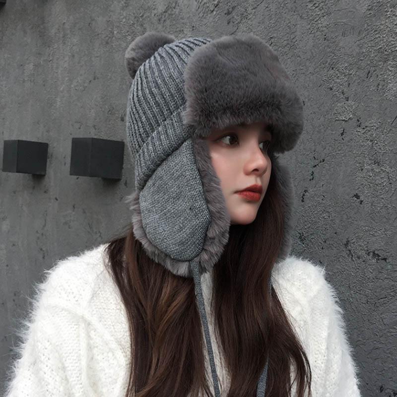 Lei Feng lue dame vinter ull trend plus fleece strikket lue varm og søt og søt ørepropper Kald ull lue