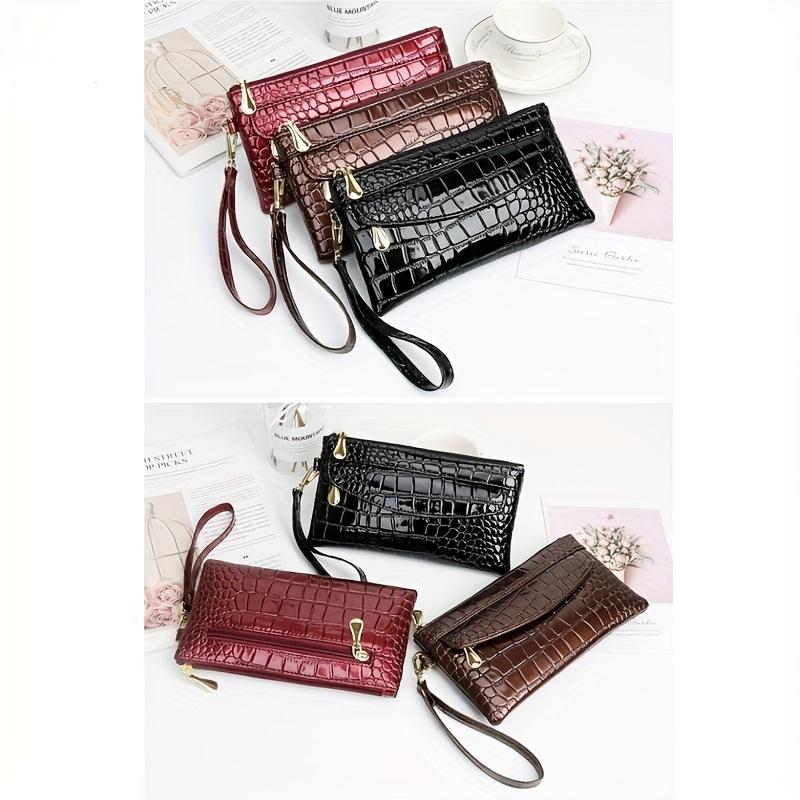 [Zipper Clutch with Coin Storage] Elegant Crocodile Pattern Faux Leather Wallet with Wristlet, Envelope and Zip Pocket, Fashionable Long Clutch