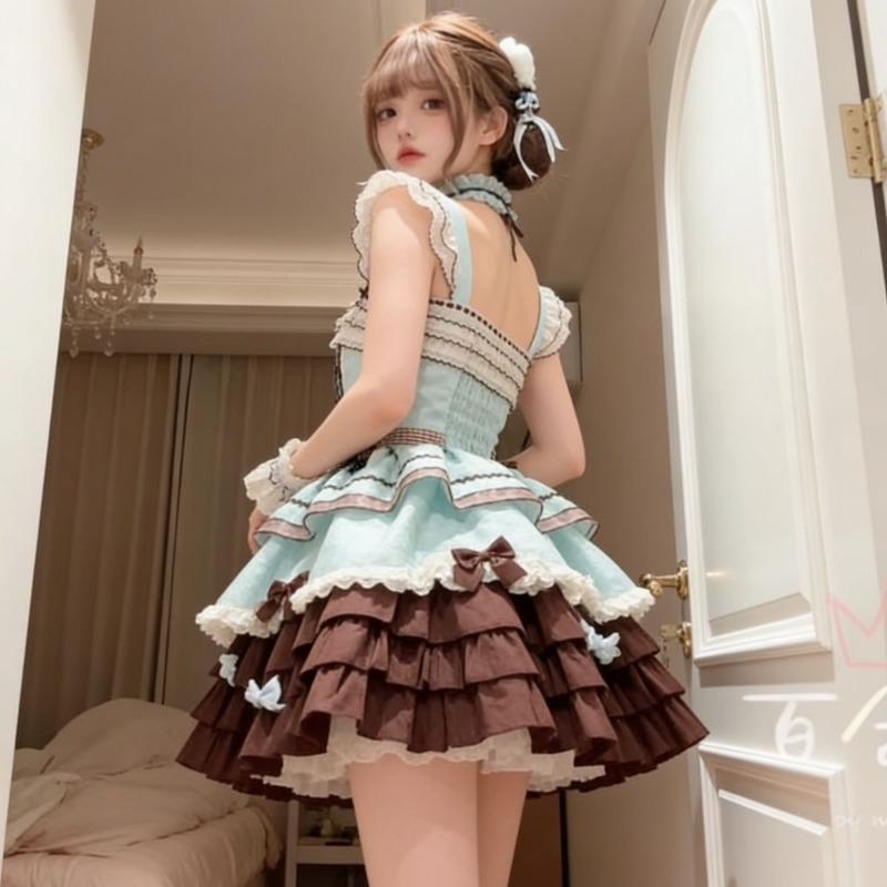 Słodki Japoński Uroczy Zestaw Sukienek JK Damski Uroczy Bezrękawnik z Kokardką Spódnica Warstwowa Szycie Harajuku Impreza Lolita Strój Letni