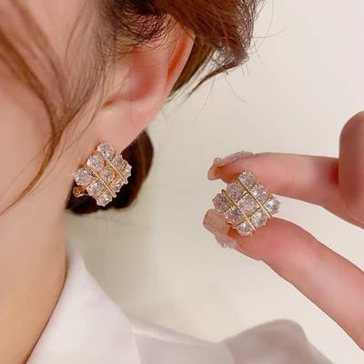 Luxury Temperament Shining Brightly Lnlay Zircon Nine-square Grid Square Stud Earrings for Women Korean Bride Wedding Jewelry