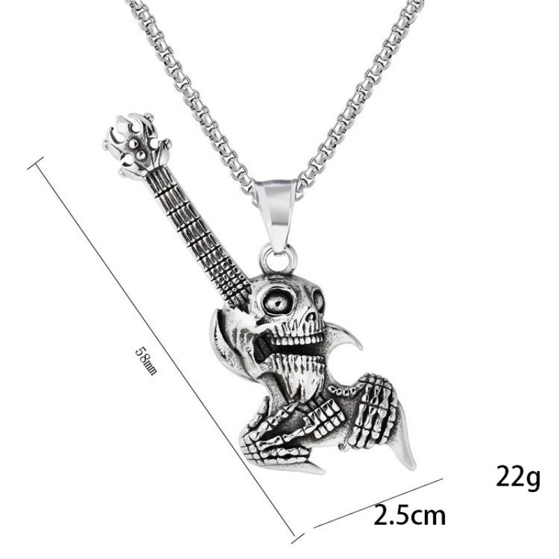 Punk Fashion Skull Guitar Titanium Steel Necklace Pendant for Men and Women Retro Trendy Brand Pendant