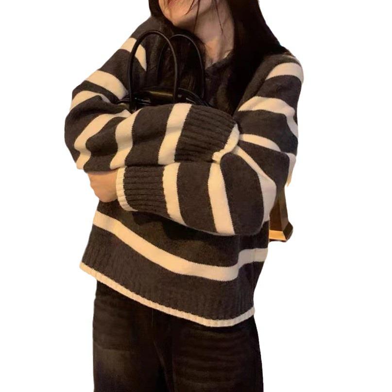 Korean Style Women's Hooded Sweater: Loose, Lazy, Soft Striped Knitwear - Academic, Fashionable Outerwear for Autumn & Winter