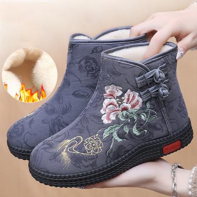 Botas de Inverno Femininas com Bordado Floral Espesso Forradas Botas de Neve Sapatos Quentes Sapatos Rasos para Mães Casuais