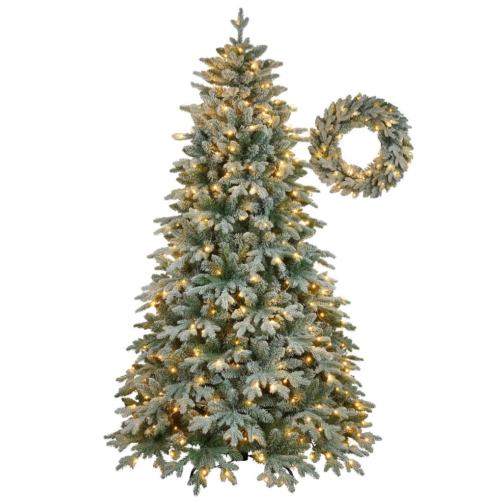 7ft Indoor Xmas Full Tree With Wreath, Artificial Xmas Tree Christmas Tree With 380 LED Lights And 1300 Tips, Indoor Xmas Tree