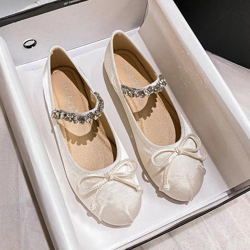 Fashion Elastic Rhinestone Band Mary Janes Woman Bowtie Silk Ballets Shoes Ladies Round Toe Flats Female Loafers Wedding Brides Shoes