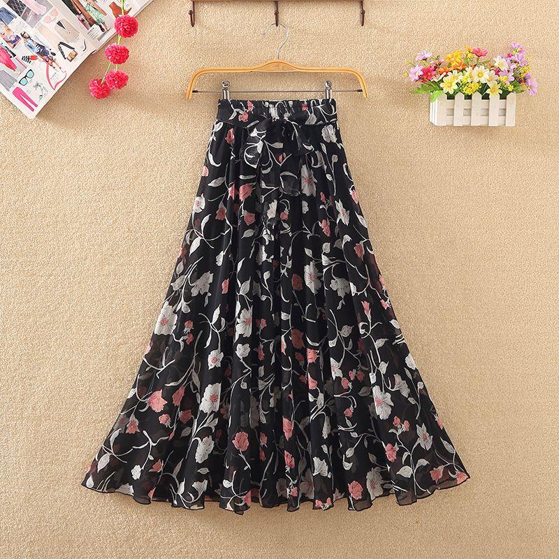 Floral Chiffon Floral Long Skirt Summer High Waist Loose A-line Skirt Half-length Skirt Female Summer Mid-length Skirt Fabric Light and Breathable