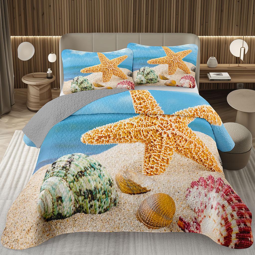 Starfish Bedspread Queen/Full Cute Ocean Creatures Quilted Coverlet 2/3 Piece Tropical Beach Theme Bedding Set for Teens Adult
