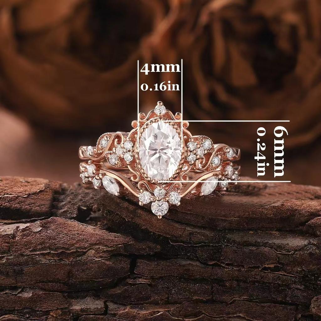 Retro Oval Moissanite Stackable Ring Set | Floral Vine Engagement Bride Ring Set In Rose Gold Color