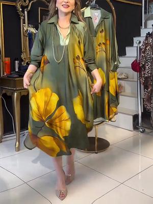 2024 Autumn European & American Print Long Sleeve Turn-Down Collar Loose Dress for Women