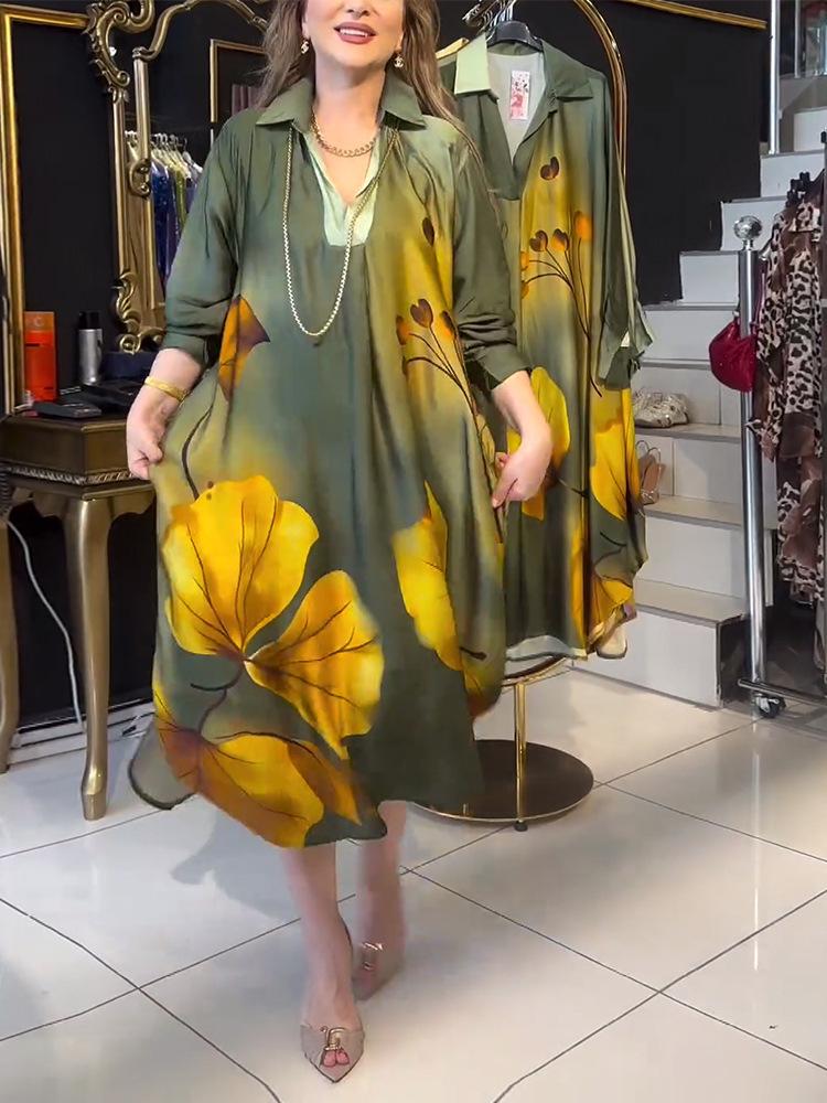 2024 Autumn European & American Print Long Sleeve Turn-Down Collar Loose Dress for Women