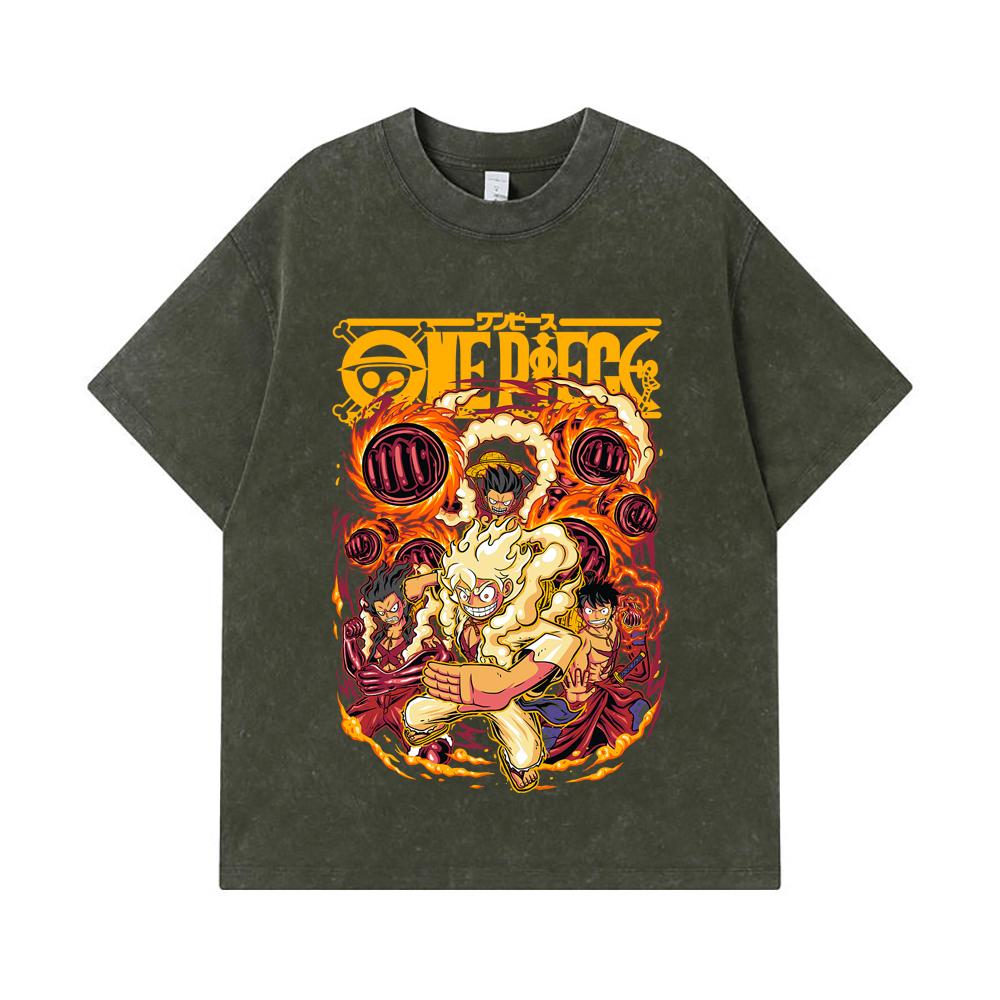 

275 GSM Washed T-shirts 100% Cotton One Piece V5 Luffy Gears Print Unisex Heavy Cotton T Shirt S