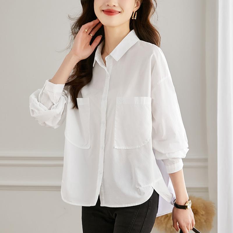 Design-sensing Pure Cotton White Top for Women Long-sleeved Spring Latest Commuter Versatile Top Simple and Chic Top