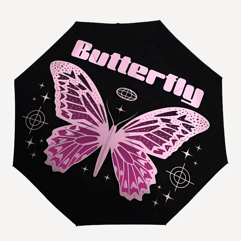 1pc Butterfly Pink Automatic Open/Close Umbrella, Portable Folding Umbrella, Compact Travel Umbrella for037