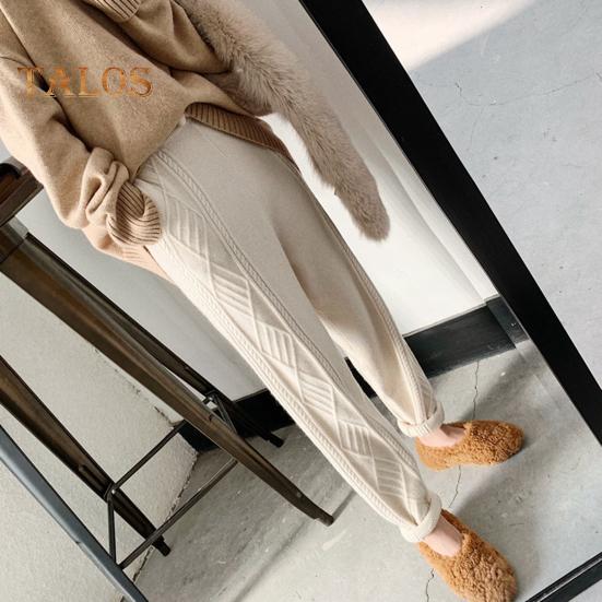 Women Harem Pants Elastic High Waist Adjustable Drawstring Knitting Pants Solid Color Loose Fit Rhombus Texture Long Trousers