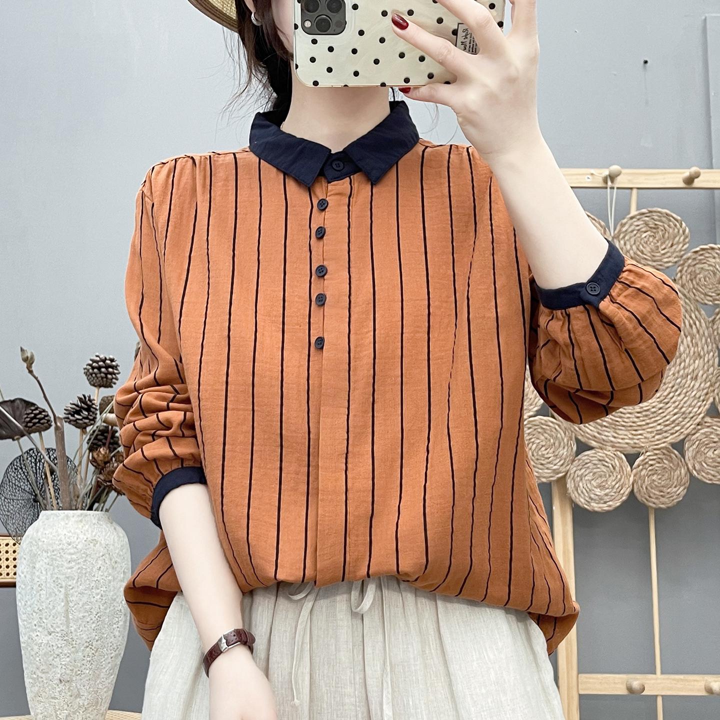 

Women s Double-Layer Cotton Stripe Shirt: Long Sleeve, Retro Artistic Color Block, Soft and Skin-Friendly Pure Cotton Top. L (Recommended for 130-150 lbs)