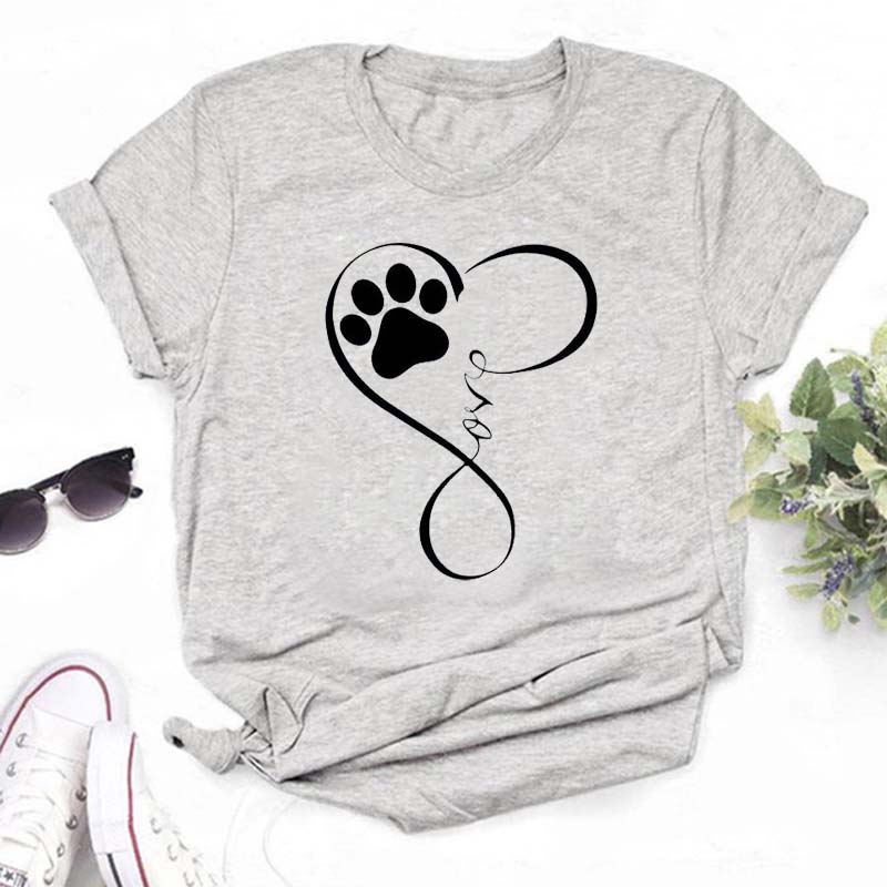 Women Dogs Paws Love Heart Printed T-shirts Fashion Summer Short Sleeve Lady Womens Clothes Tops T-Shirt Black Shirt Tees Female