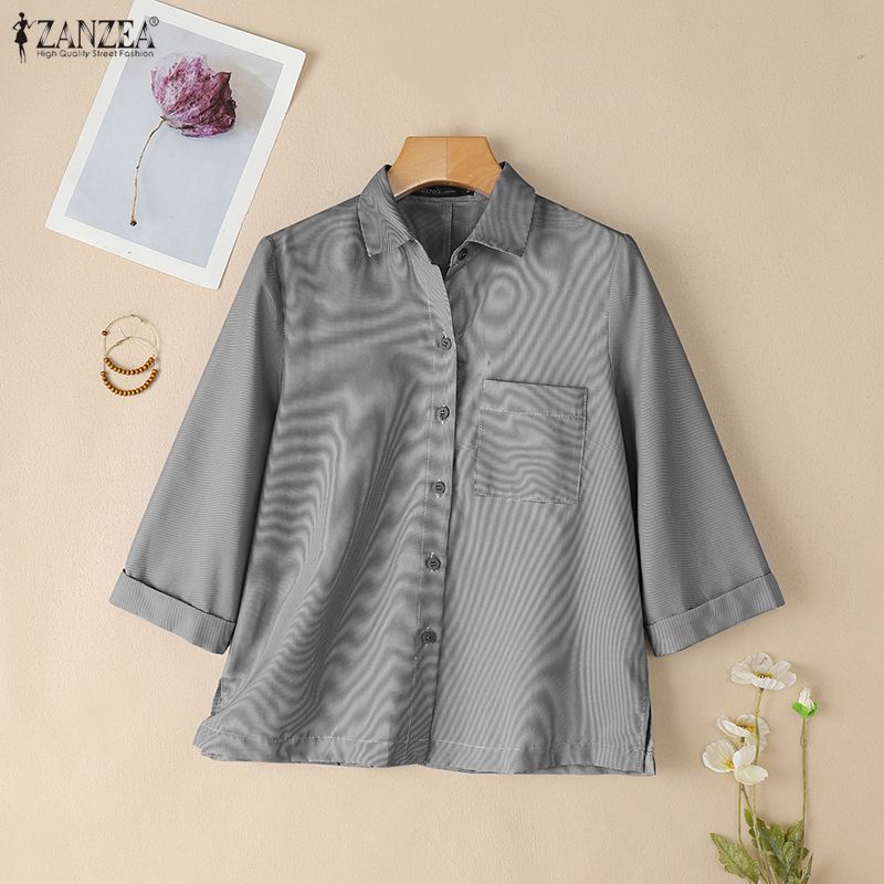 ZANZEA Womens Casual Turn Down Collar Loose 3/4 Sleeve Stripe Blouse
