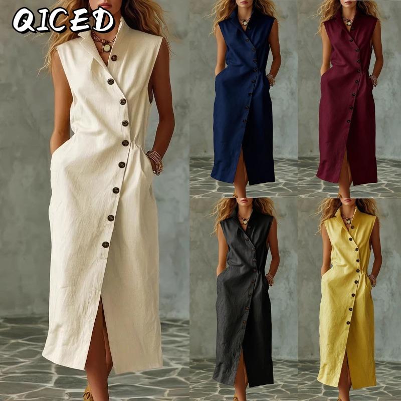 QICED Fashion Summer Spring Solid Color Print Sleeveless Casual Dresses