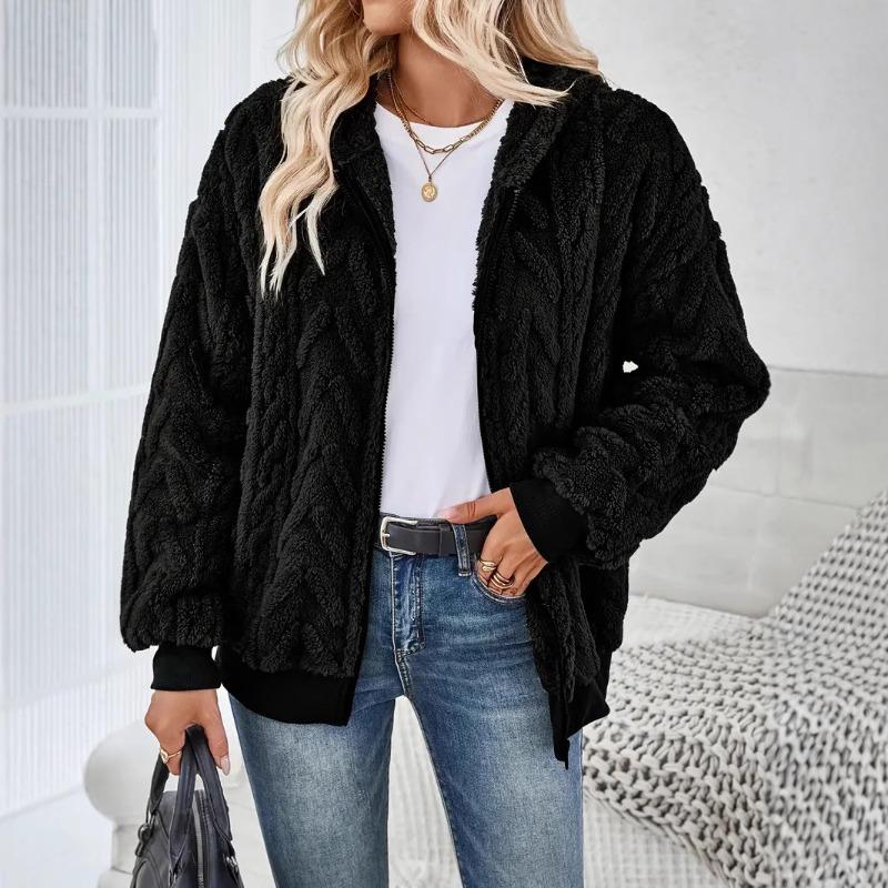 New Autumn Winter Plush Women's Solid Color Zipper Hooded Long-sleeved Loose Jacquard Sweatshirt Jacket
