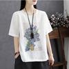 Women's Retro Print Cotton Linen T-shirt, Short Sleeve, Loose Fit, Plus Size, 2024 Summer Style Top