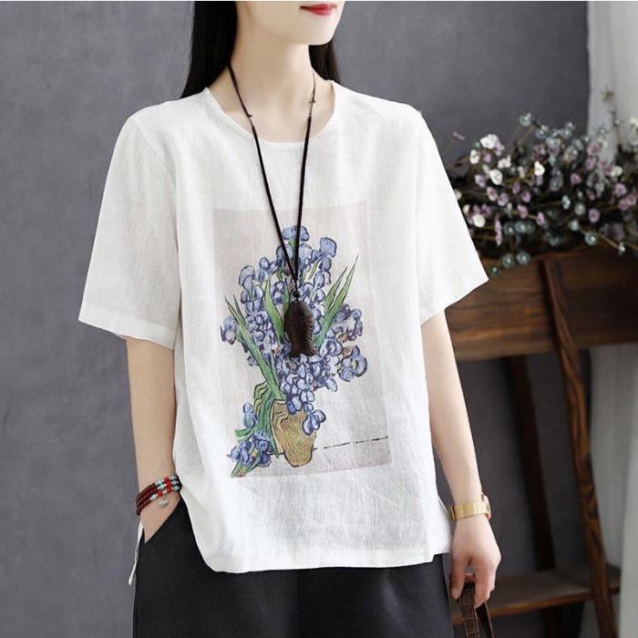 Women's Retro Print Cotton Linen T-shirt, Short Sleeve, Loose Fit, Plus Size, 2024 Summer Style Top