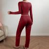 Europäischer und Amerikanischer Stil Damen Pyjama Set Langarm Schmal Geschnittenes Oberteil und Lange Hose mit Spitzenbesatz Sexy Loungewear