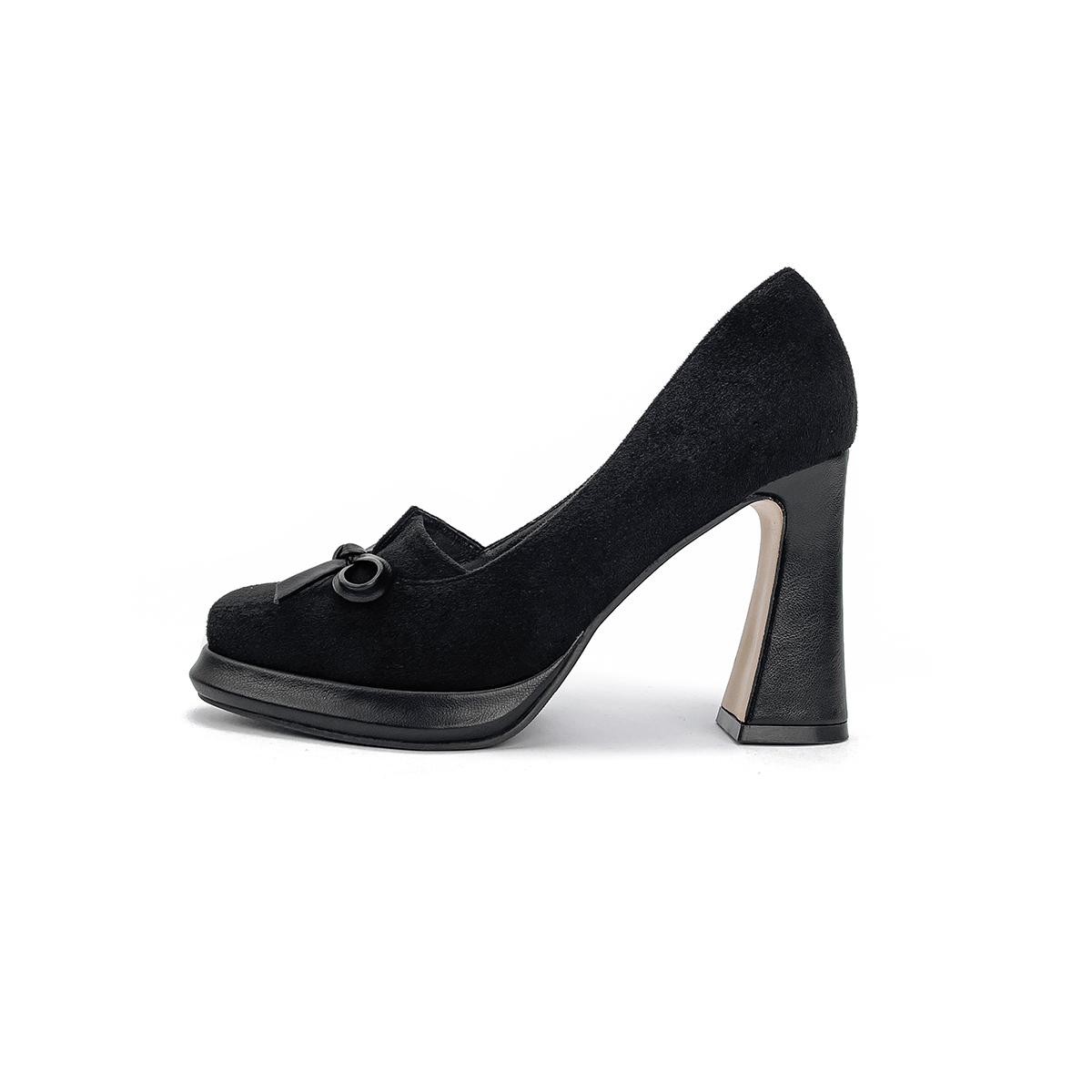 

Мода Женская мода Туфли на толстом каблуке Весна Новые Квадратный носок Мелкий вырез Бант-бабочка Водонепроницаемая платформа Слипоны Высокие каблуки 40 чёрный