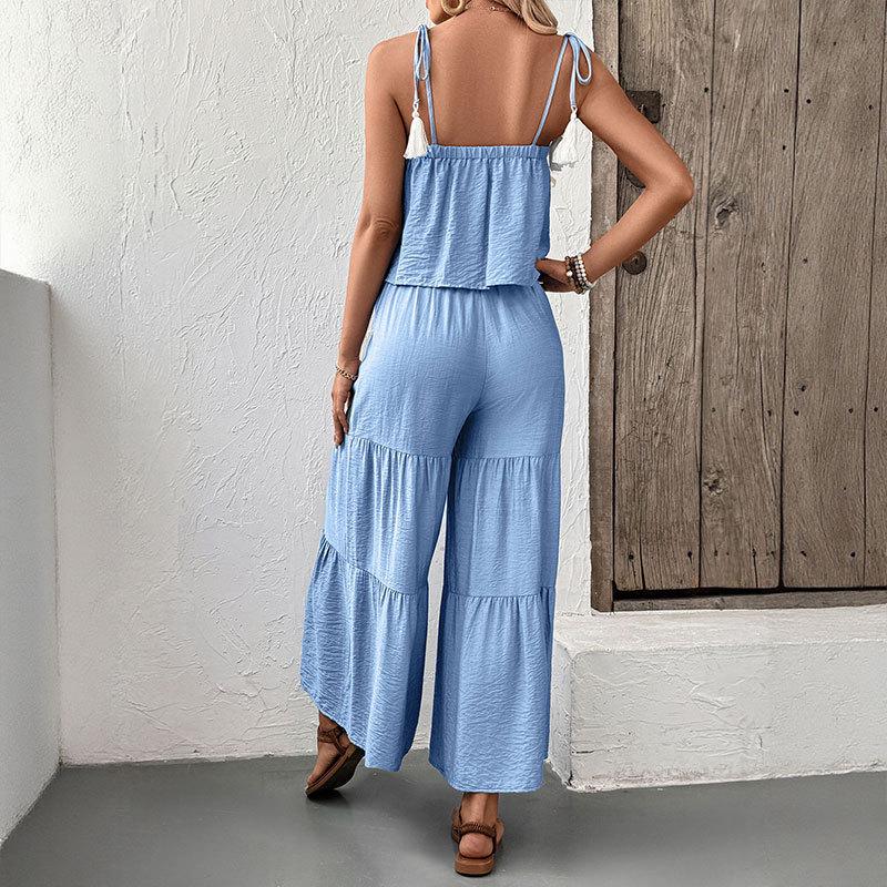2026 European & American Resort Set: Textured Camisole Top & Wide-Leg Pants Two-Piece